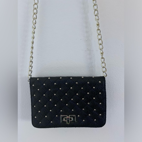 LULU QUILTED With Gold Studs CROSSBODY MINI BAG Black with Gold Chain Hardware - Picture 1 of 7